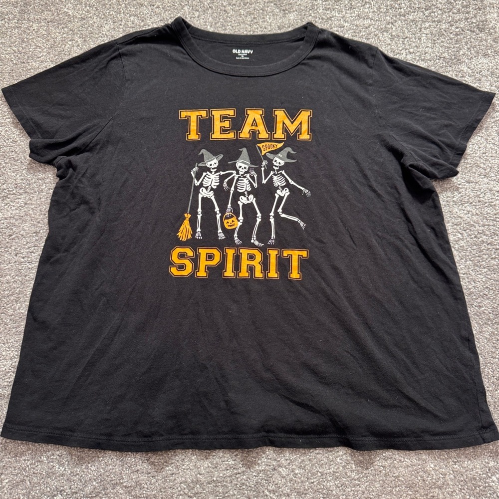 Old Navy Shirt Womens XL Black Cotton Team Spirit Spooky Halloween Skeleton